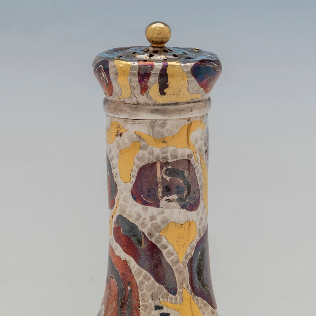 Pepper top detail of Set of Tiffany &amp; Co &#39;Japonesque&#39; Mixed Metals Shakers, NYC, NY, c. 1879