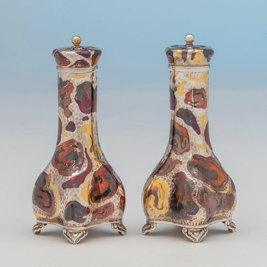 Sides of Set of Tiffany &amp; Co &#39;Japonesque&#39; Mixed Metals Shakers, NYC, NY, c. 1879