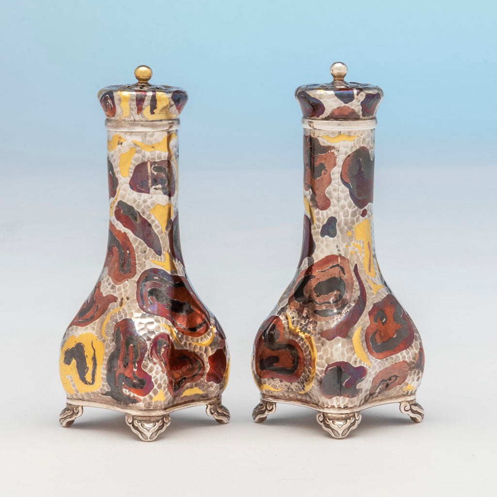 Opposite sides of Set of Tiffany &amp; Co &#39;Japonesque&#39; Mixed Metals Shakers, NYC, NY, c. 1879