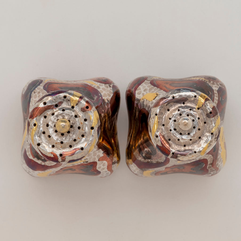 Pierced tops to Set of Tiffany &amp; Co &#39;Japonesque&#39; Mixed Metals Shakers, NYC, NY, c. 1879