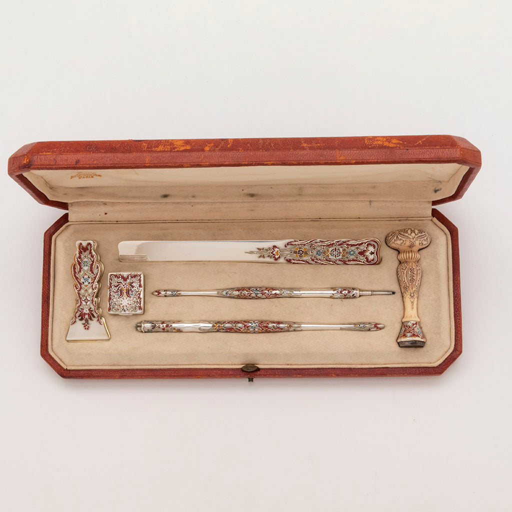 Fitted compartment of Tiffany &amp; Co Antique Sterling and Enamel Desk Set, NYC, NY, c. 1885