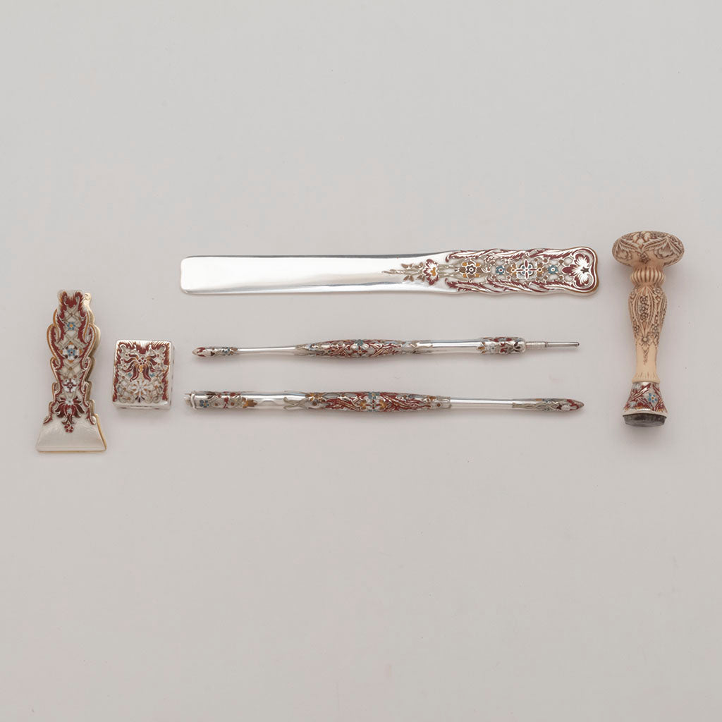 Pieces of Tiffany &amp; Co Antique Sterling and Enamel Desk Set, NYC, NY, c. 1885