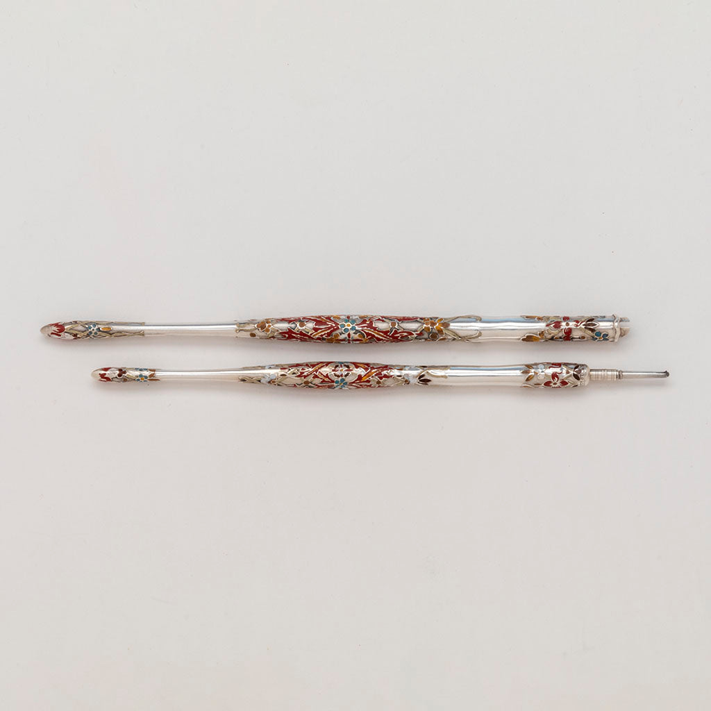 Quill pen and pencil to Tiffany &amp; Co Antique Sterling and Enamel Desk Set, NYC, NY, c. 1885