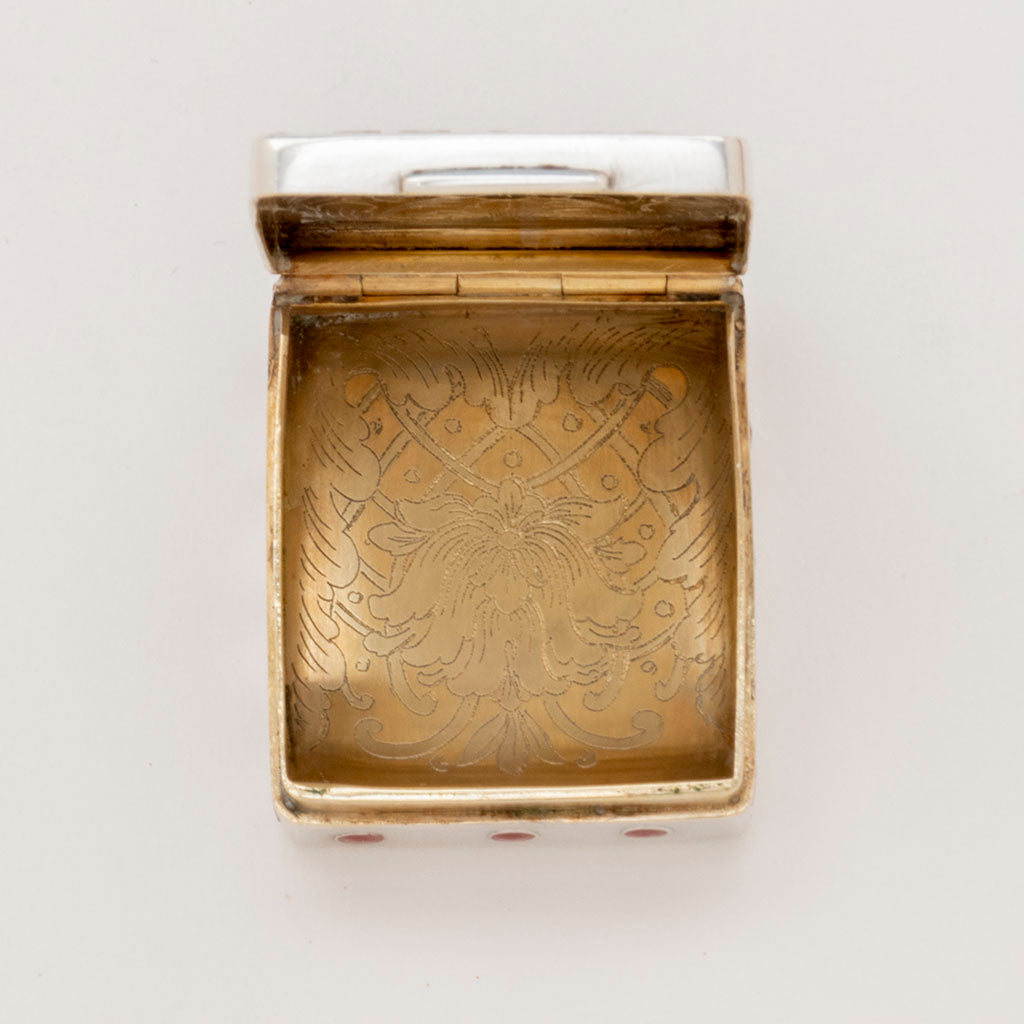 Box interior detail of Tiffany &amp; Co Antique Sterling and Enamel Desk Set, NYC, NY, c. 1885