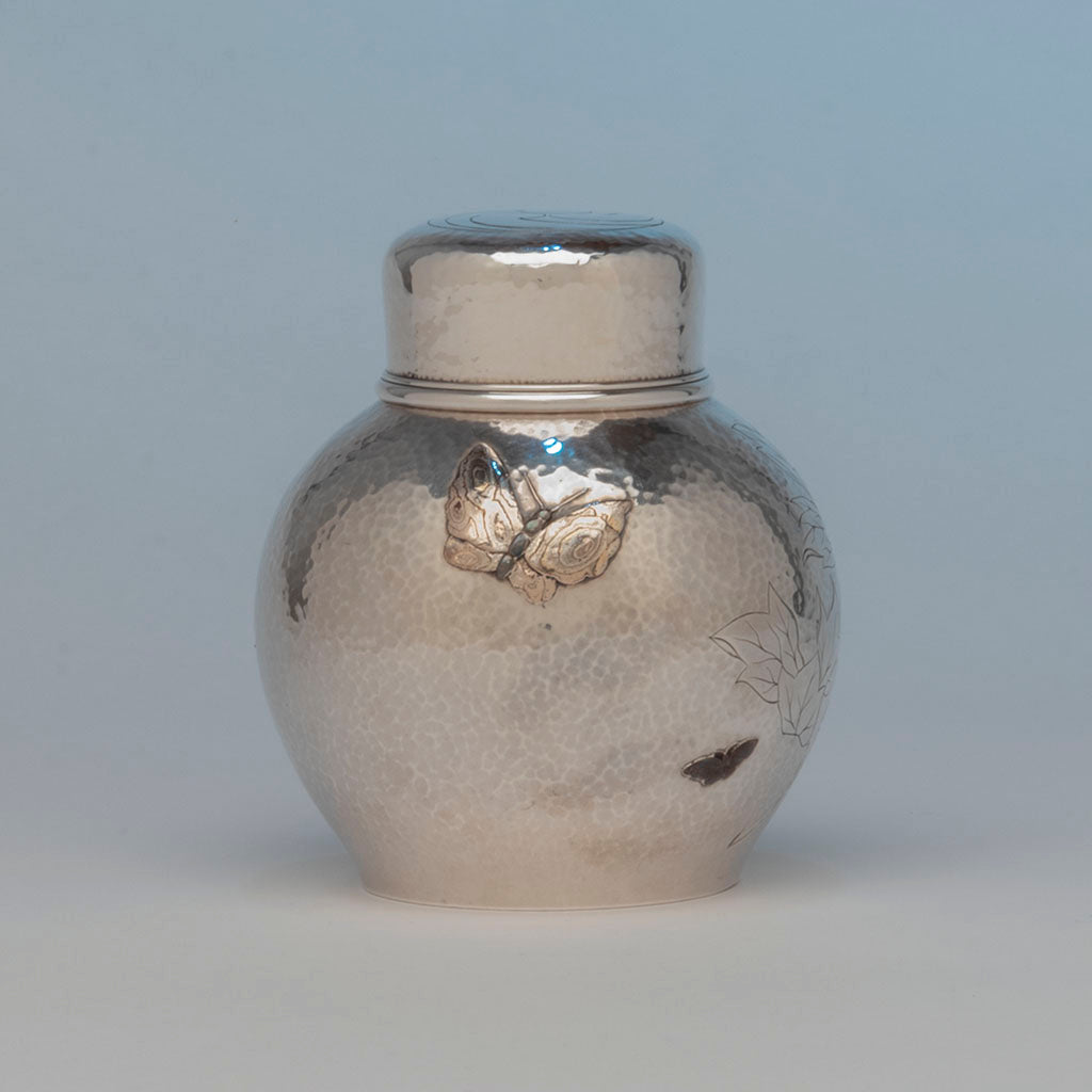 Mokume butterfly on Tiffany and Co Antique Sterling Silver and Other Metals Tea Caddy, NYC, NY, c. 1880