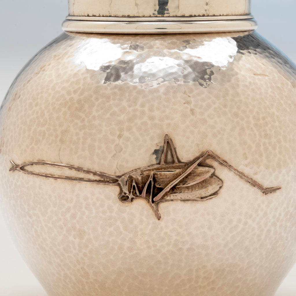 Cricket detail on Tiffany and Co Antique Sterling Silver and Other Metals Tea Caddy, NYC, NY, c. 1880