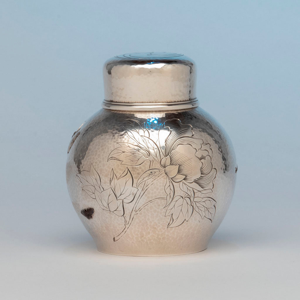 Chased flower on Tiffany and Co Antique Sterling Silver and Other Metals Tea Caddy, NYC, NY, c. 1880