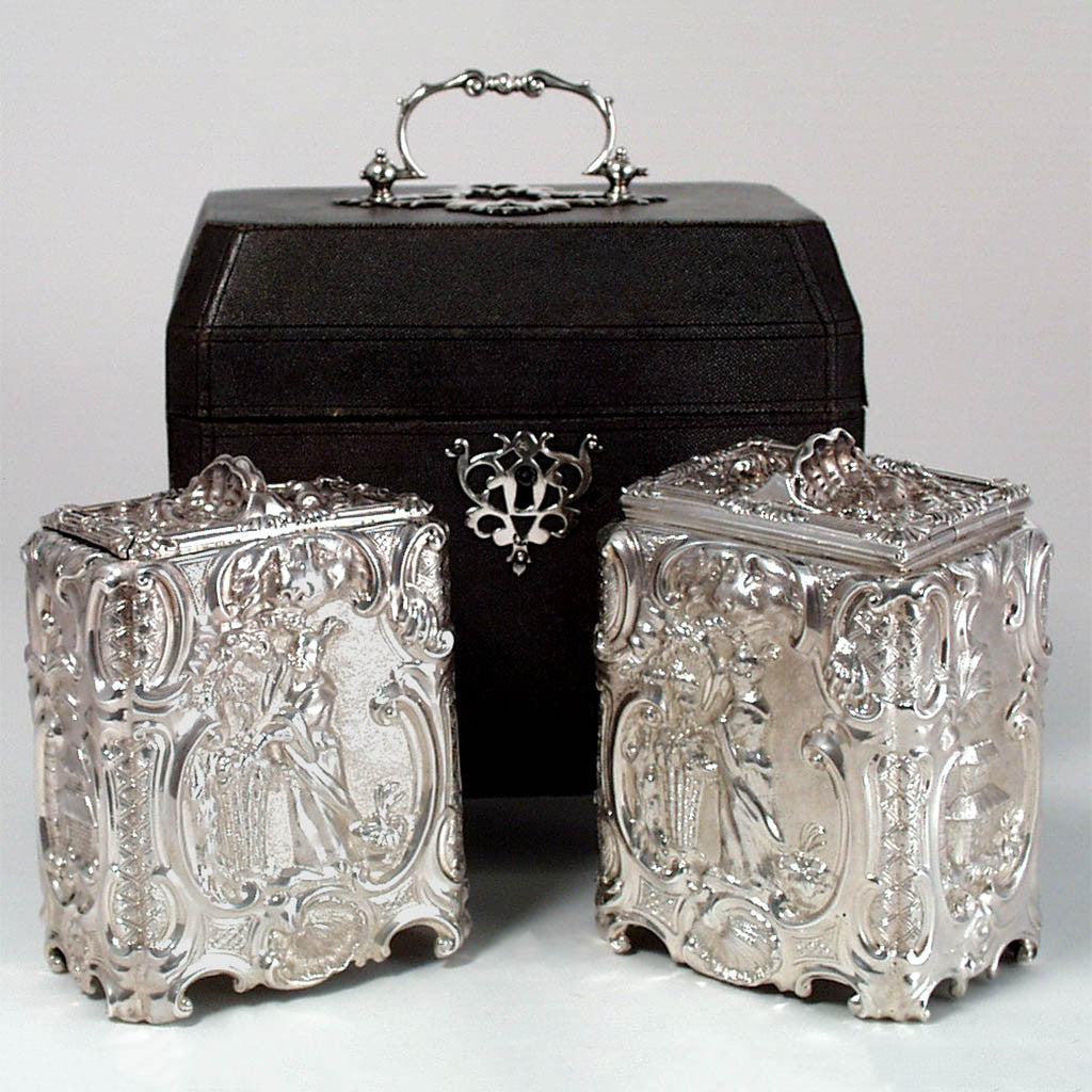 Thomas Heming English Sterling Tea Caddy and Sugar Box in the Original Shagreen Box, London c. 1753