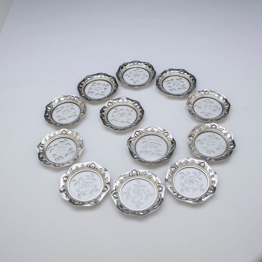 Gorham Athenic Antique Sterling Silver and Glass Dessert Plates, Providence, RI, c1903