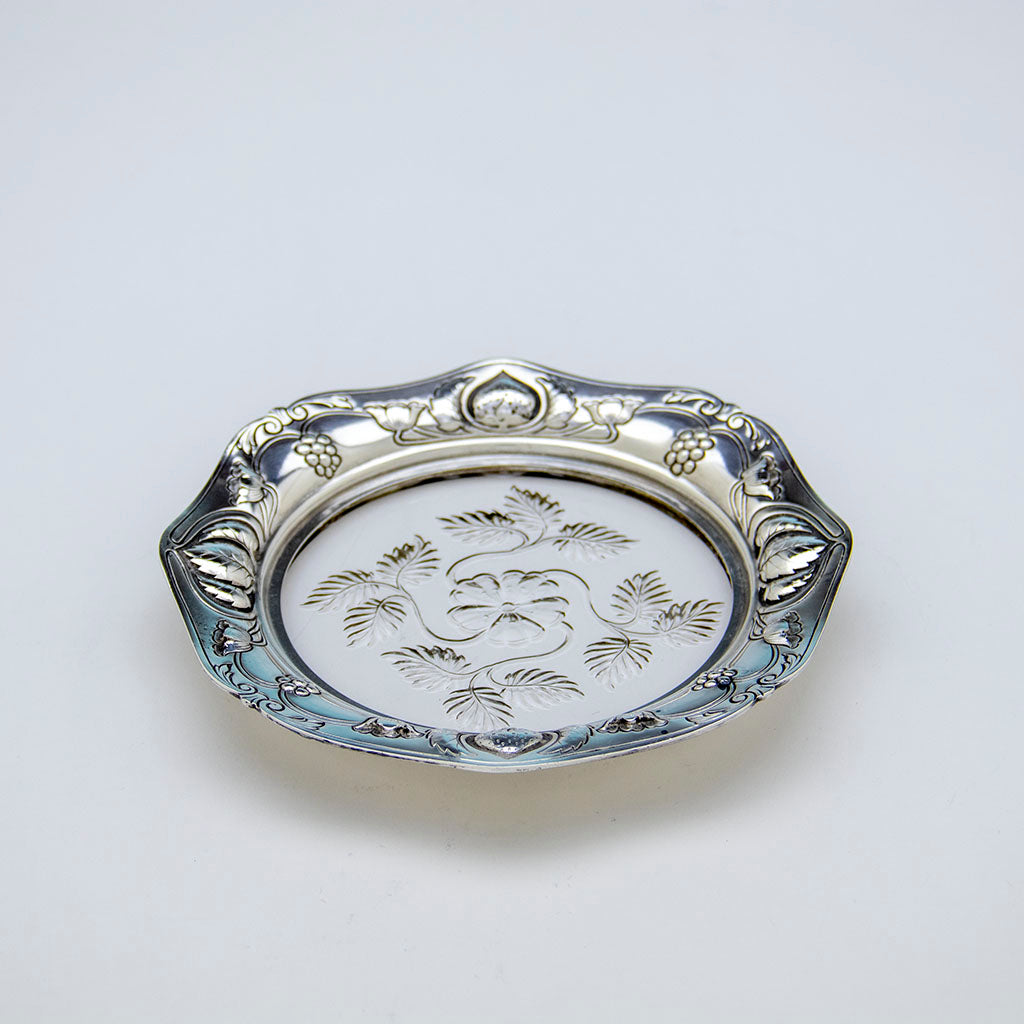 interior of Gorham Athenic Antique Sterling Silver and Glass Dessert Plates, Providence, RI, c1903