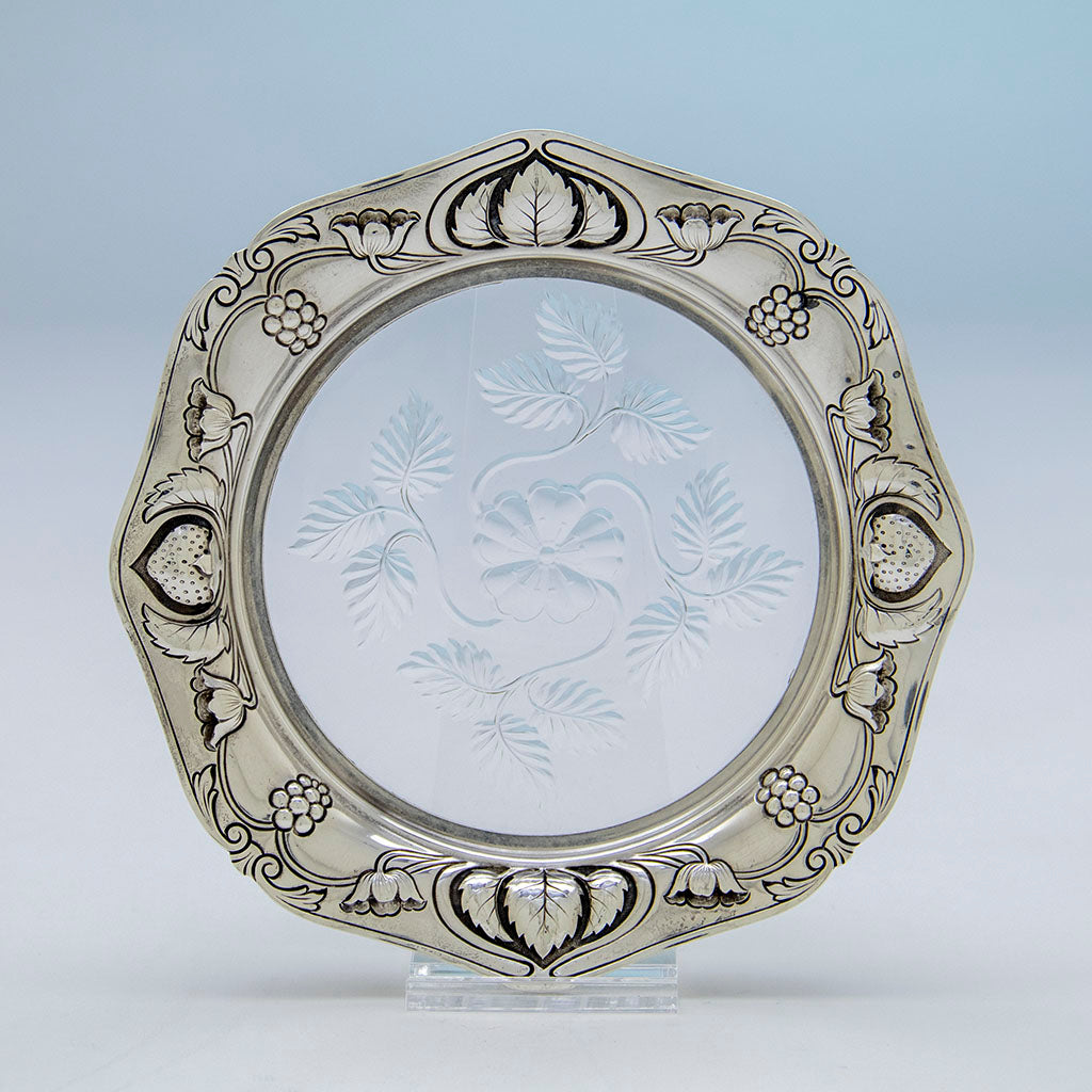 Single example of Gorham Athenic Antique Sterling Silver and Glass Dessert Plates, Providence, RI, c1903