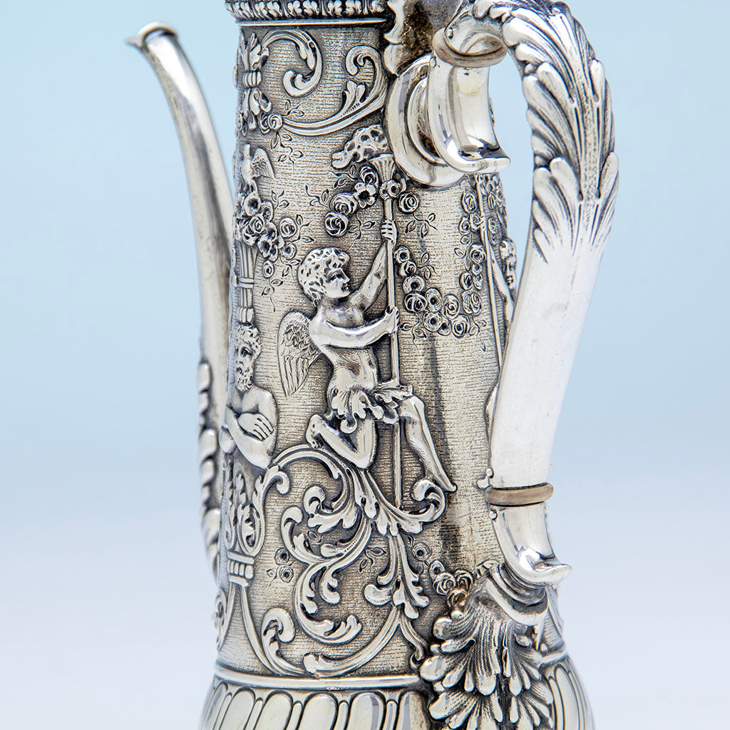 Cherub on Tiffany &amp; Co Antique Sterling Silver Classical Coffee Pot, New York City, NY, c. 1885
