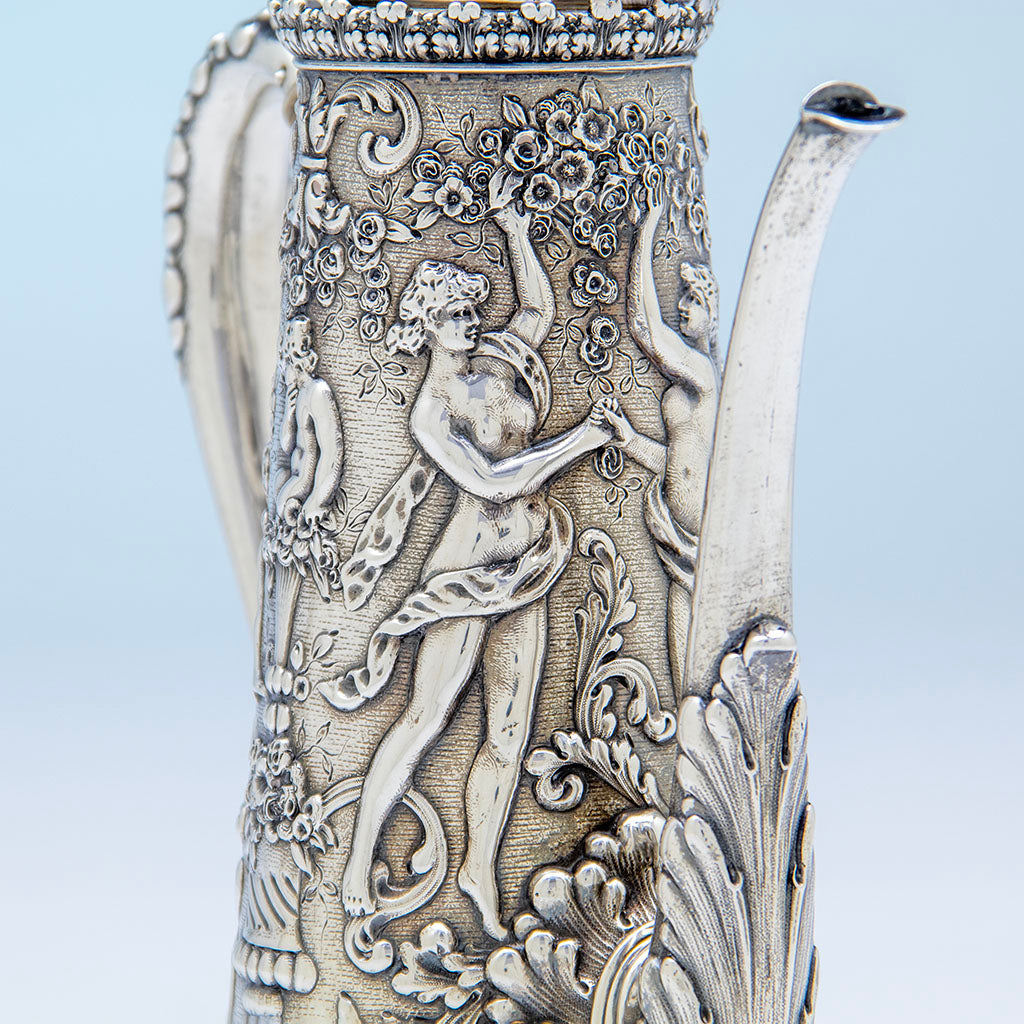 Female figures on Tiffany &amp; Co Antique Sterling Silver Classical Coffee Pot, New York City, NY, c. 1885