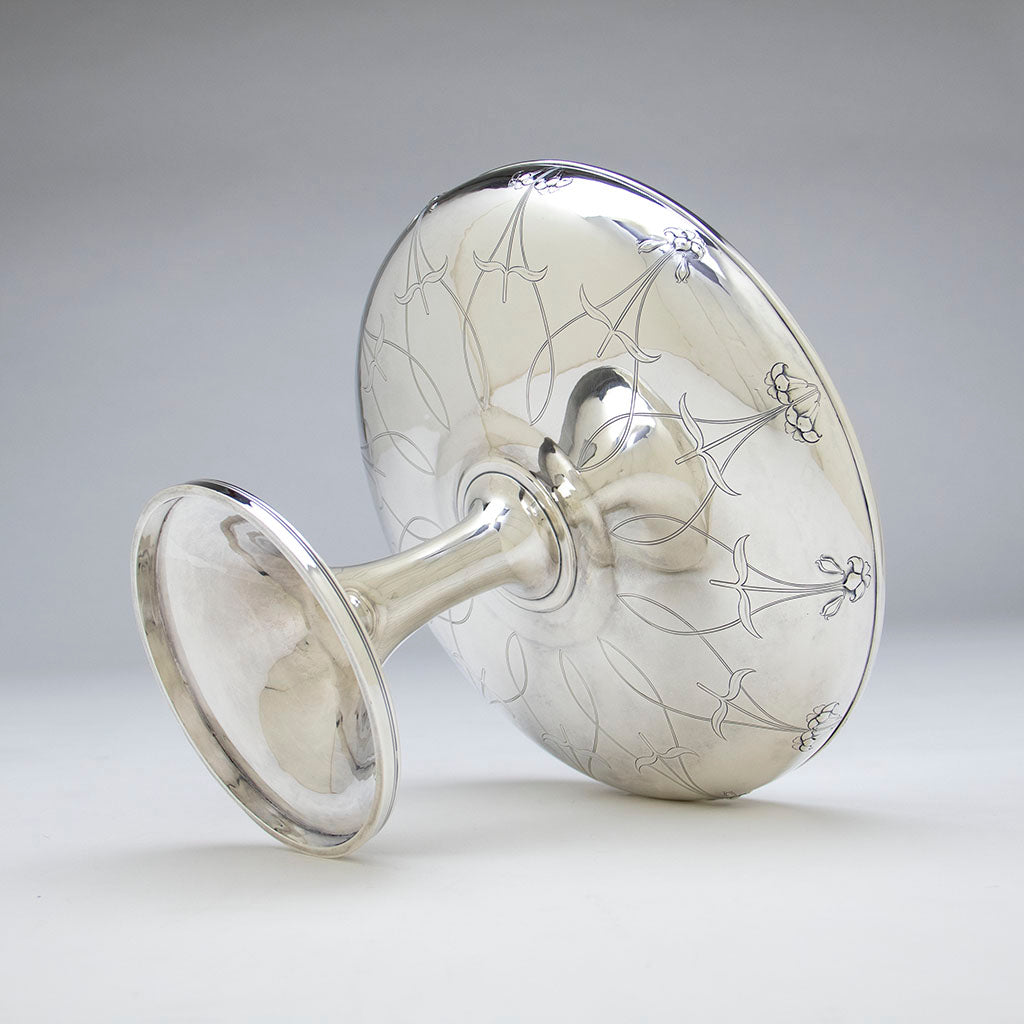 Chasing on Arthur Stone Arts &amp; Crafts Sterling Silver Decorated Large Compote, Gardiner, MA, 1906-12
