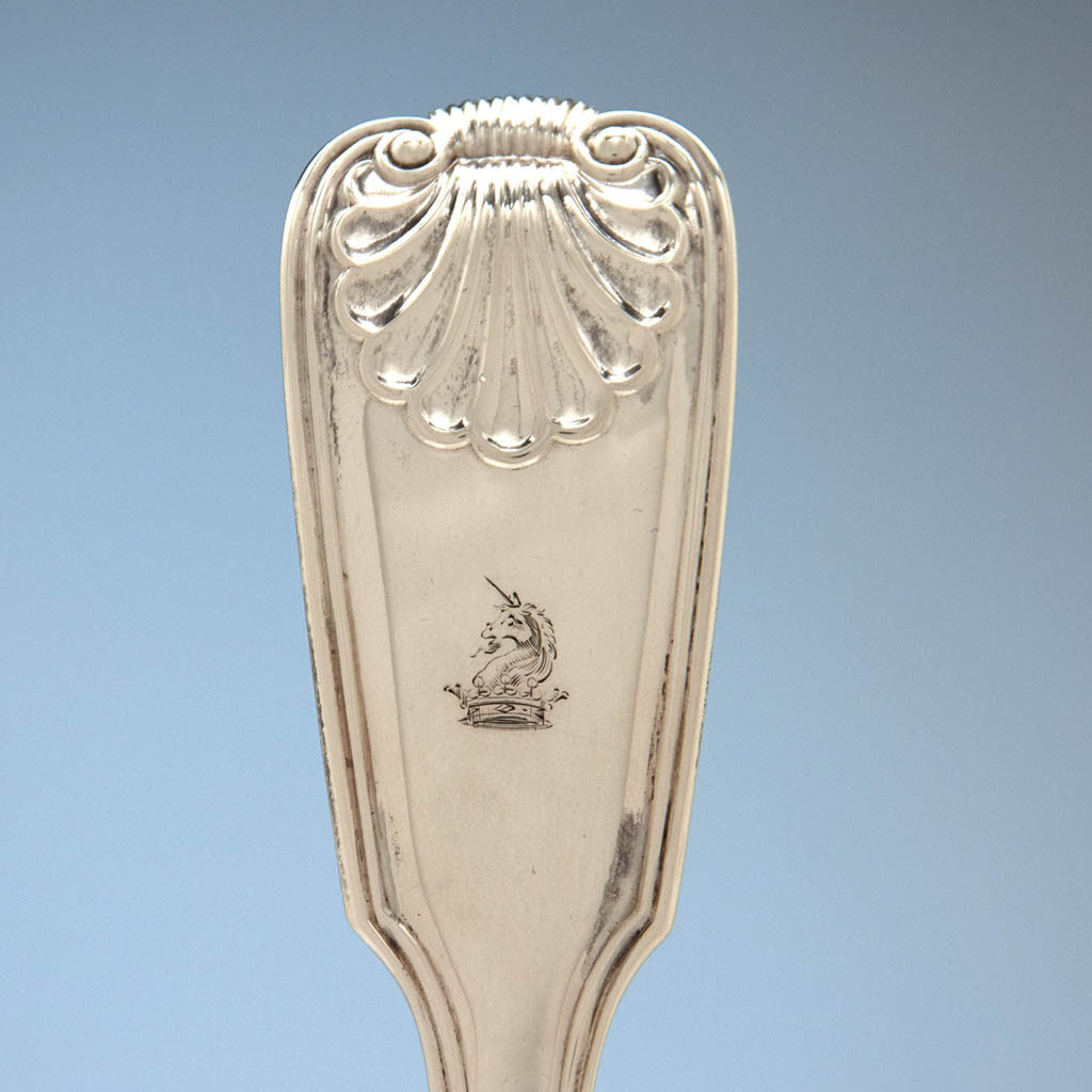 Pattern and crest on the Victorian English Antique Sterling Silver &#39;Fiddle, Thread &amp; Shell&#39; Pattern Service for 12 by George Adams, London, 1842-58