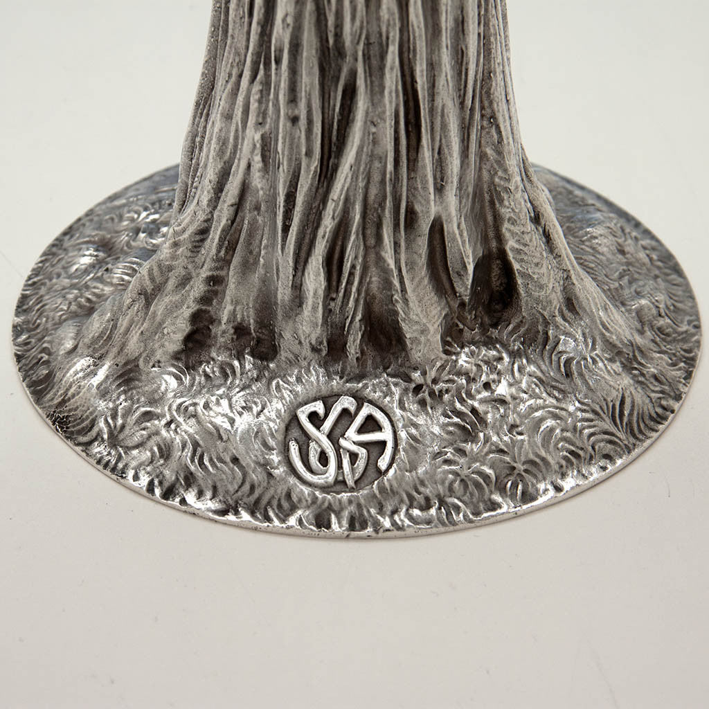 Monogram on Shreve &amp; Co Antique Sterling Figural Sequoia Vase, San Francisco - c. 1920&#39;s