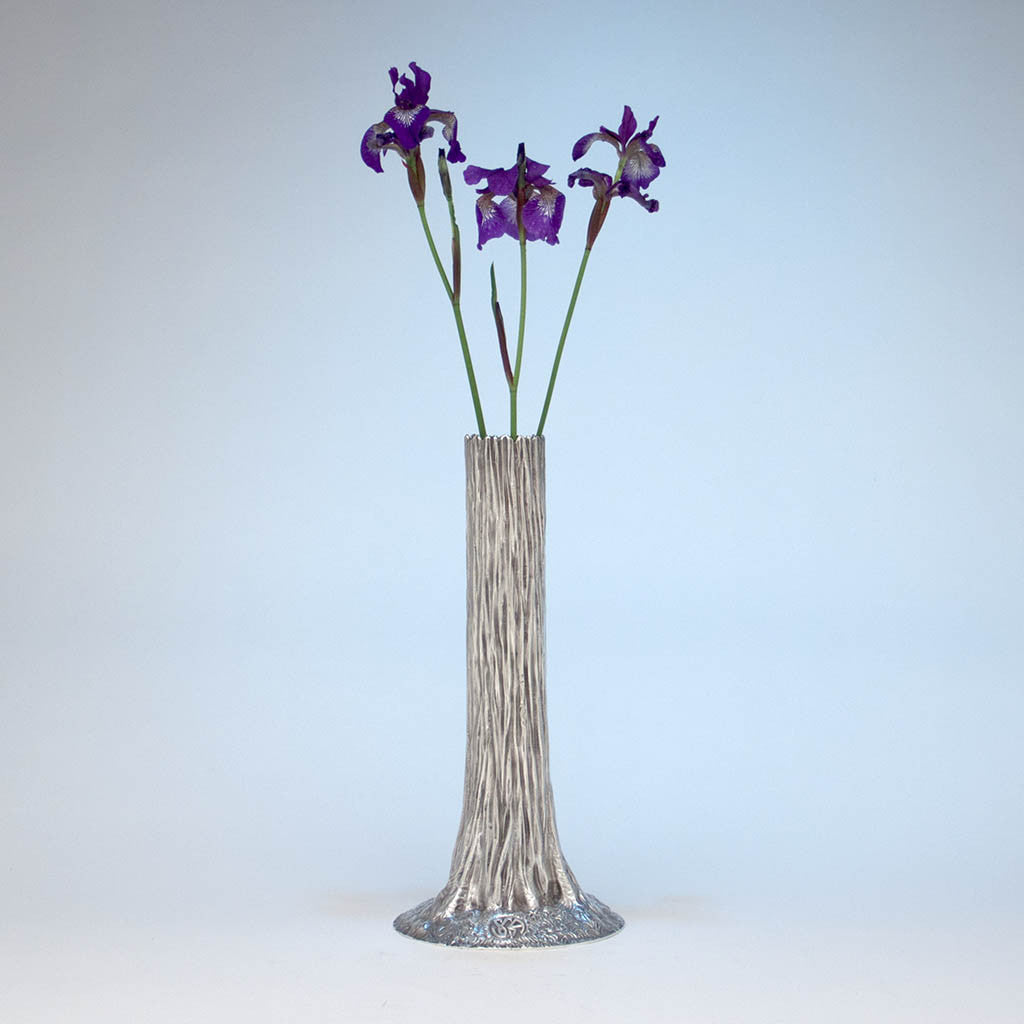 Shreve & Co Antique Sterling Figural Sequoia Vase, San Francisco - c. 1920's with flowers