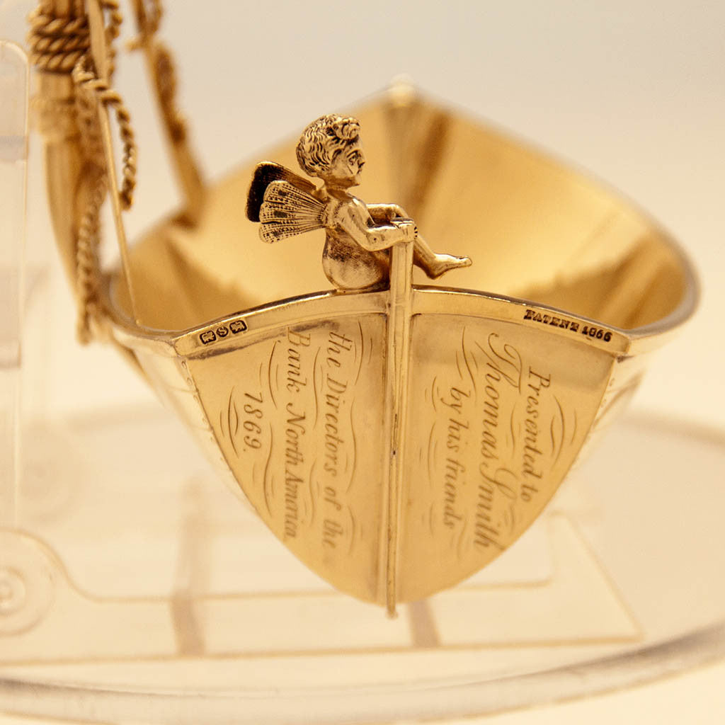 Inscription on George Sharp Antique Sterling Silver Figural Presentation Ladle, Philadelphia, PA, 1869