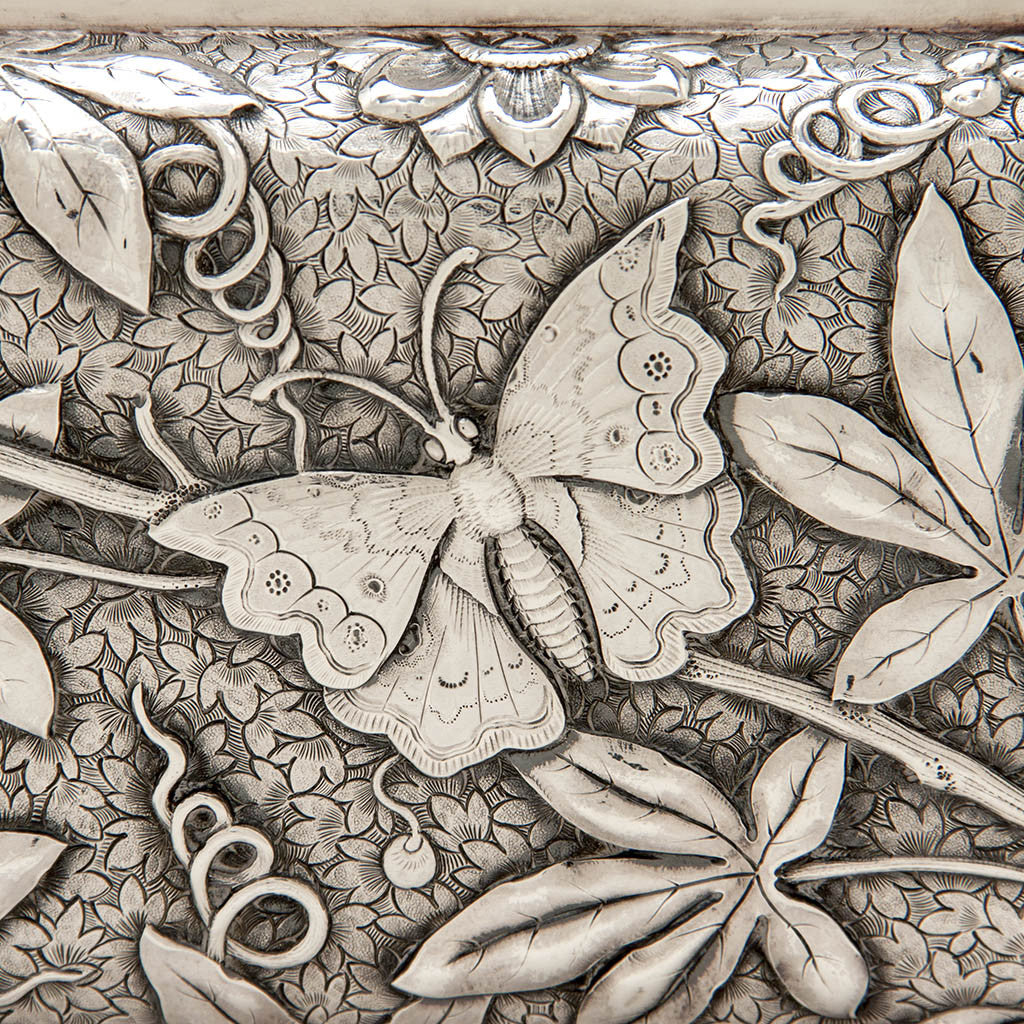 Closeup of Dominick &amp; Haff Antique Sterling Silver Aesthetic Movement Covered Tureen, New York City, 1881