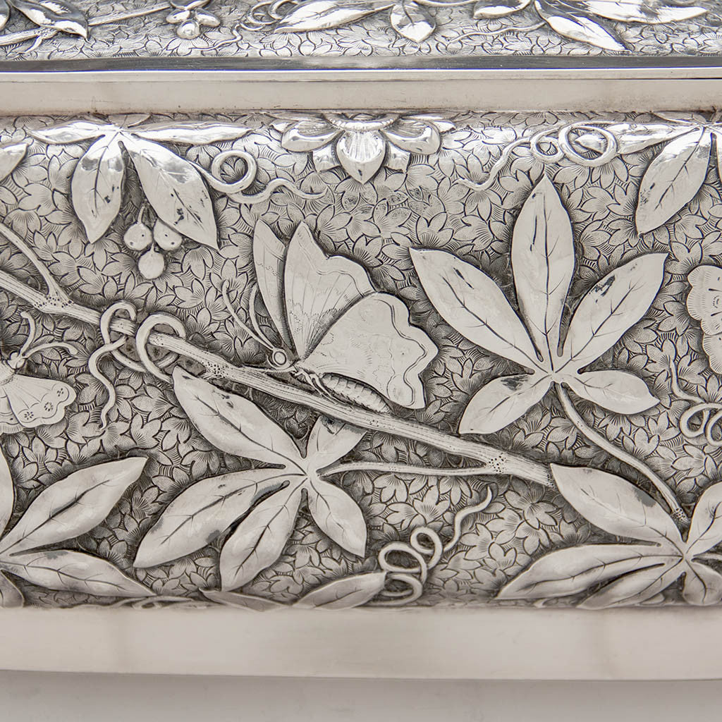 Sode detail of Dominick &amp; Haff Antique Sterling Silver Aesthetic Movement Covered Tureen, New York City, 1881