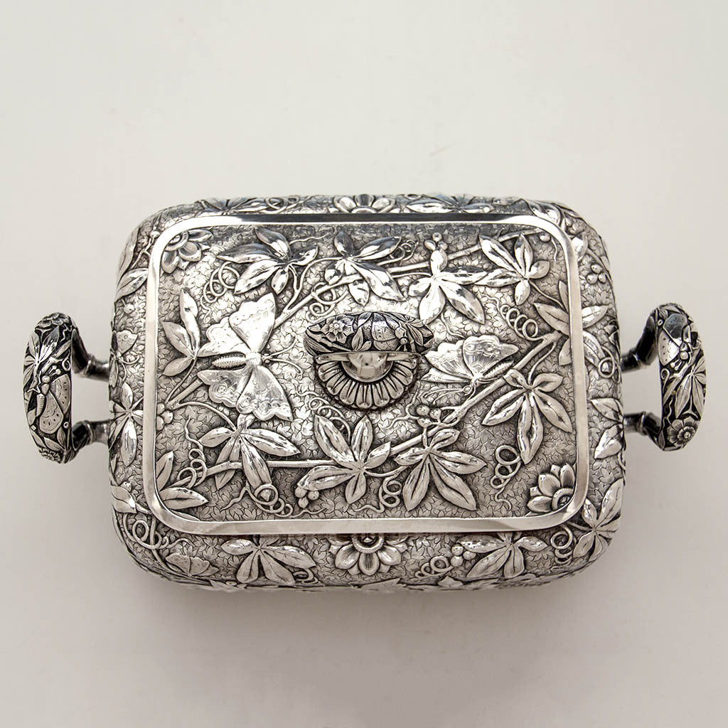 Top of Dominick &amp; Haff Antique Sterling Silver Aesthetic Movement Covered Tureen, New York City, 1881