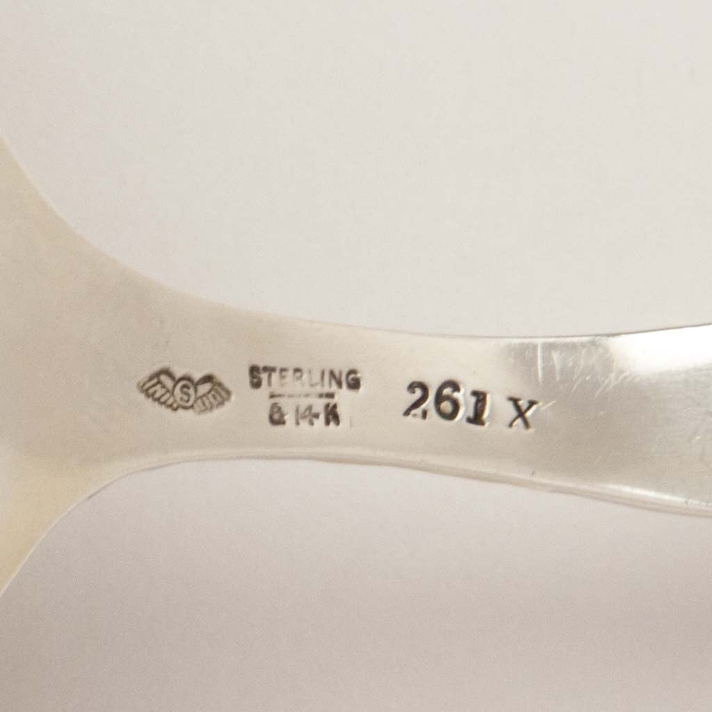 Marks on George Shiebler Aesthetic Design Antique Sterling Silver and 14k Gold Salad Serving Set, New York City, c. 1880&#39;s