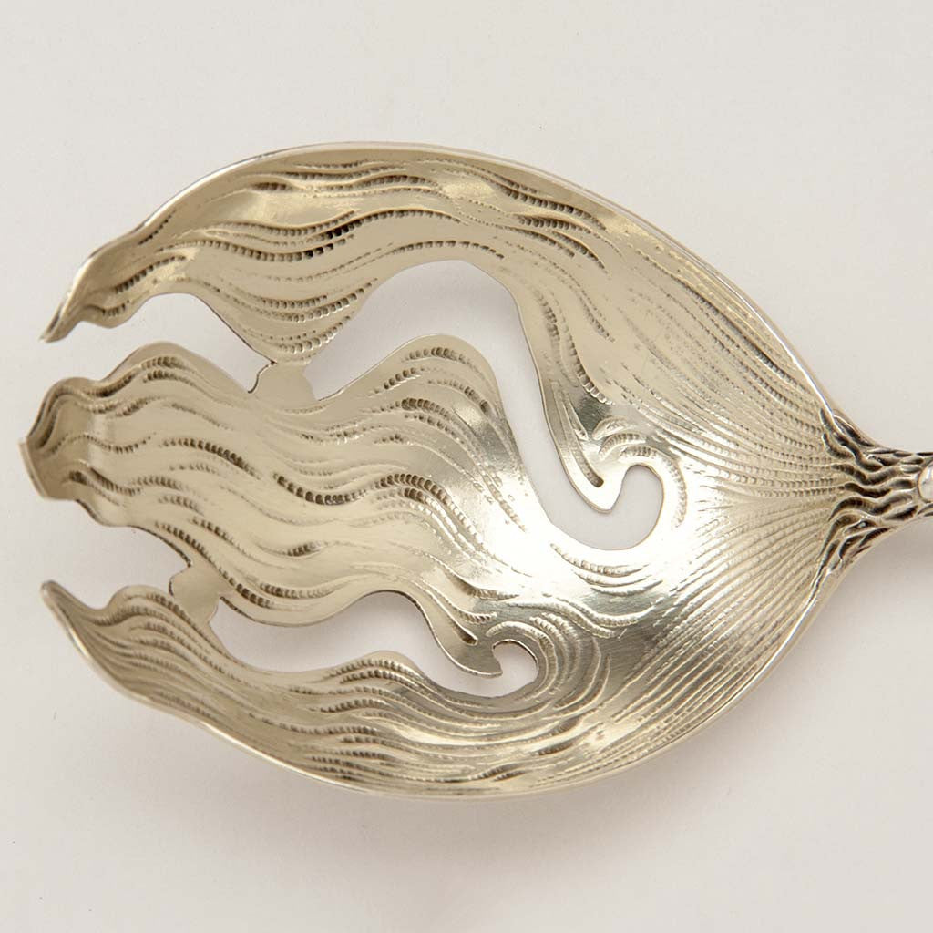Fork detail of George Shiebler Aesthetic Design Antique Sterling Silver and 14k Gold Salad Serving Set, New York City, c. 1880&#39;s