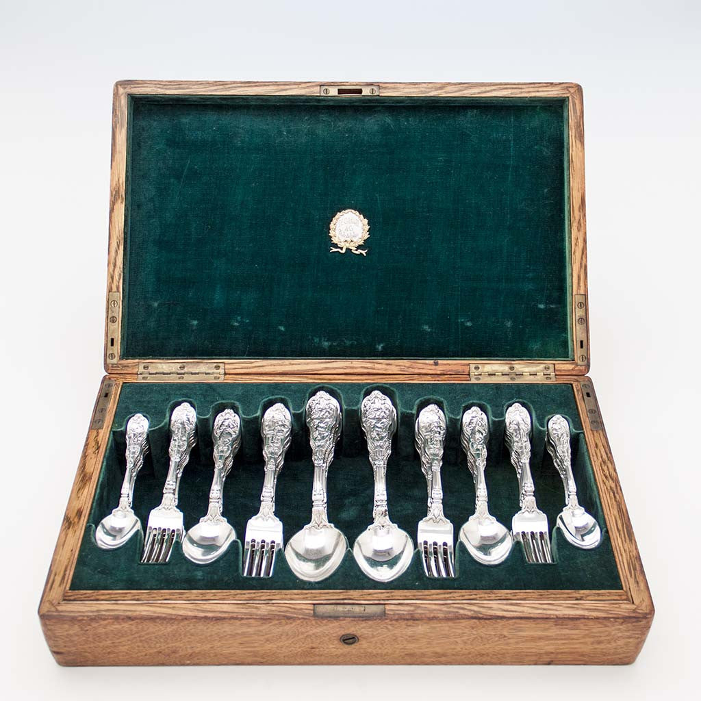 Gorham 'Mythologique' Pattern Antique Sterling Silver Flatware Service, Providence, RI, c. 1900, Retailed by J. E. Caldwell, Philadelphia, PA