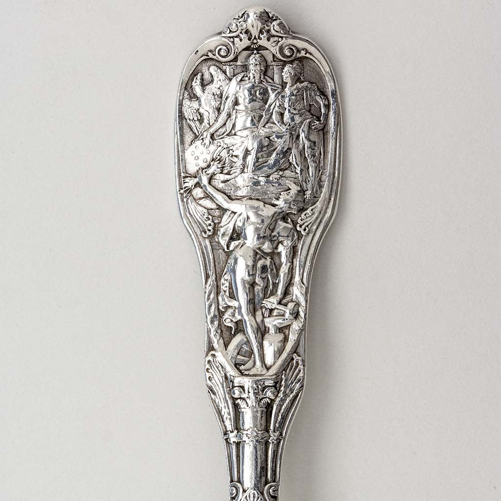 Tablespoons detail of Gorham &#39;Mythologique&#39; Pattern Antique Sterling Silver Flatware Service, Providence, RI, c. 1900, Retailed by J. E. Caldwell, Philadelphia, PA