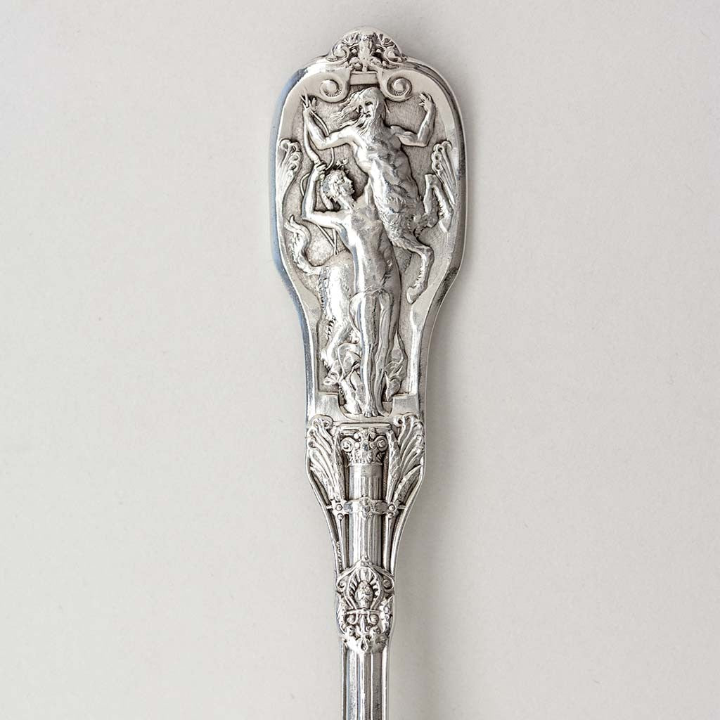 Dessert spoons detail of Gorham &#39;Mythologique&#39; Pattern Antique Sterling Silver Flatware Service, Providence, RI, c. 1900, Retailed by J. E. Caldwell, Philadelphia, PA