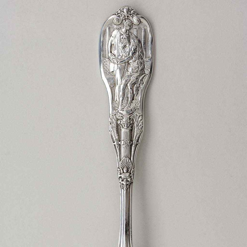 Teaspoons detail of Gorham &#39;Mythologique&#39; Pattern Antique Sterling Silver Flatware Service, Providence, RI, c. 1900, Retailed by J. E. Caldwell, Philadelphia, PA
