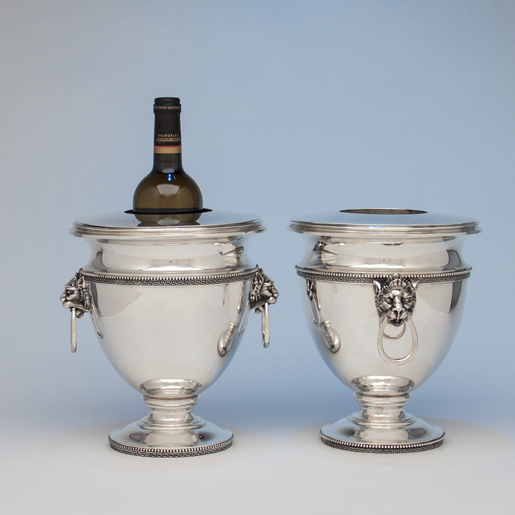 Champagne in Tiffany &amp; Co./ John C. Moore Pair of Antique Sterling Silver Wine Coolers, New York City, 1856-70
