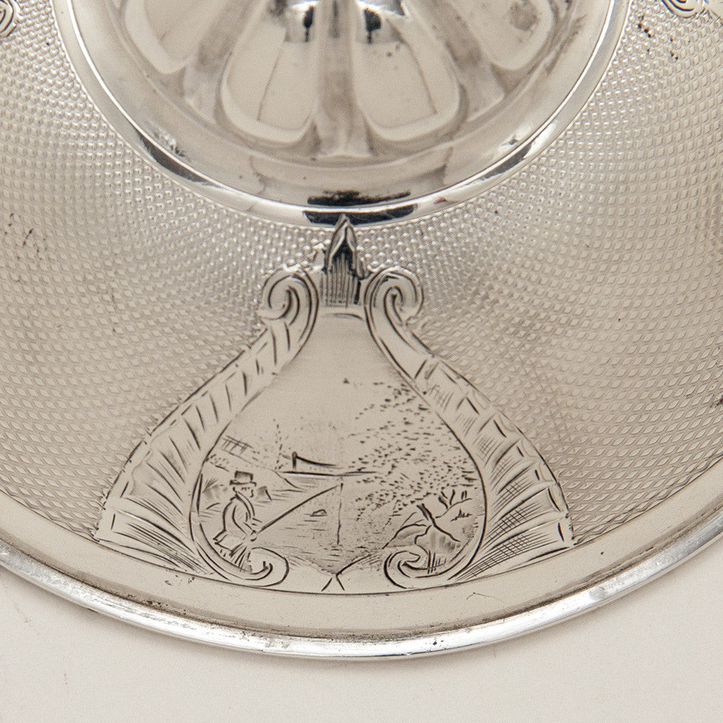 Fishing scene on Gorham Antique Coin Silver Covered Sugar Bowl, Providence, RI, 1859 of Rhode Island historical interest