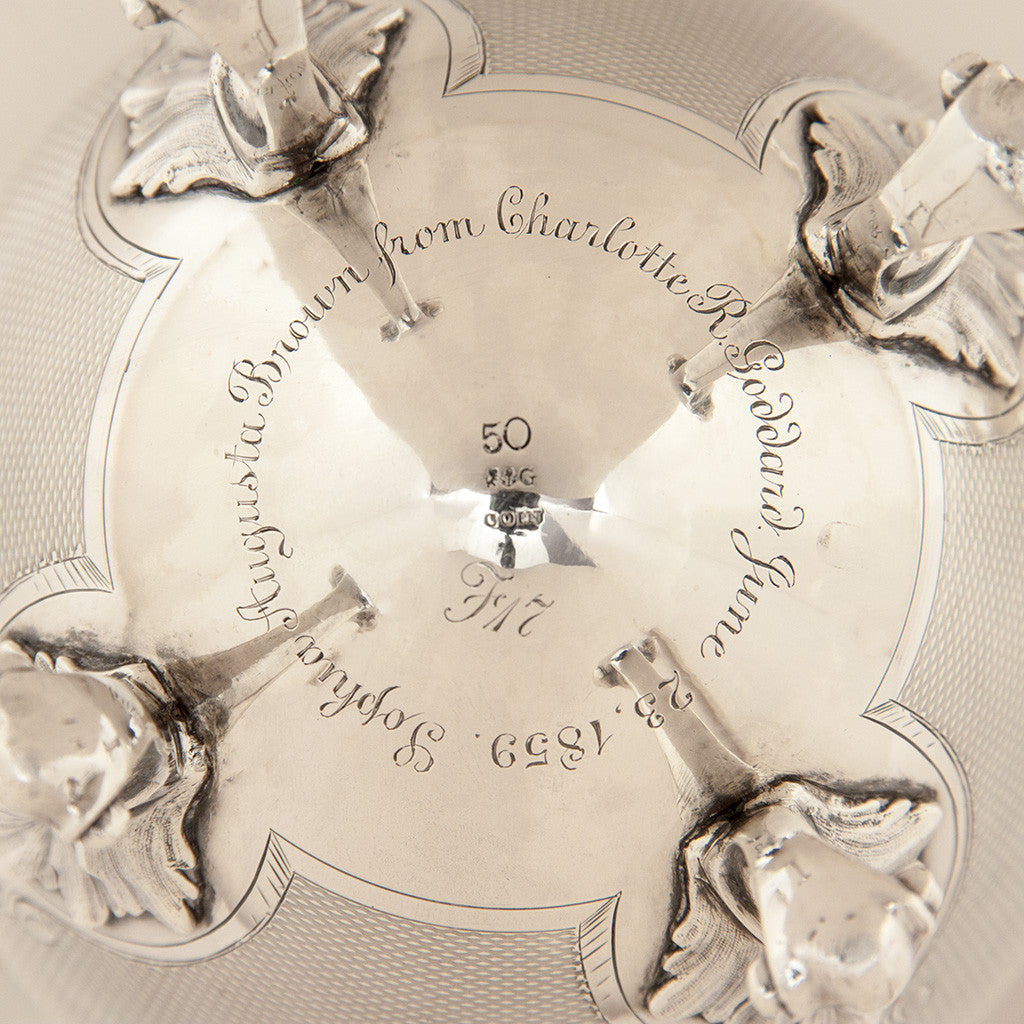 Underside of Gorham Antique Coin Silver Covered Sugar Bowl, Providence, RI, 1859 of Rhode Island historical interest