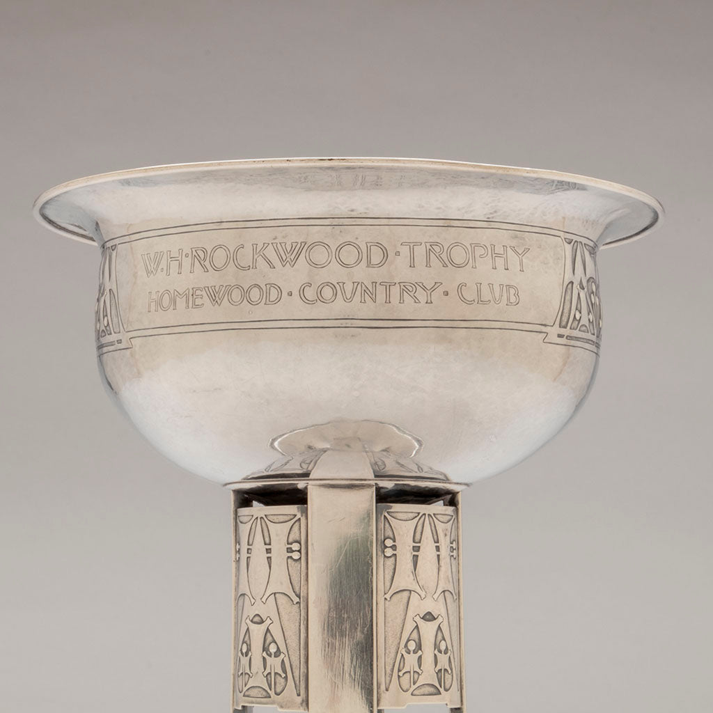 Country club inscription on Robert R. Jarvie Important Sterling Silver Golf Trophy, Chicago, IL, 1913