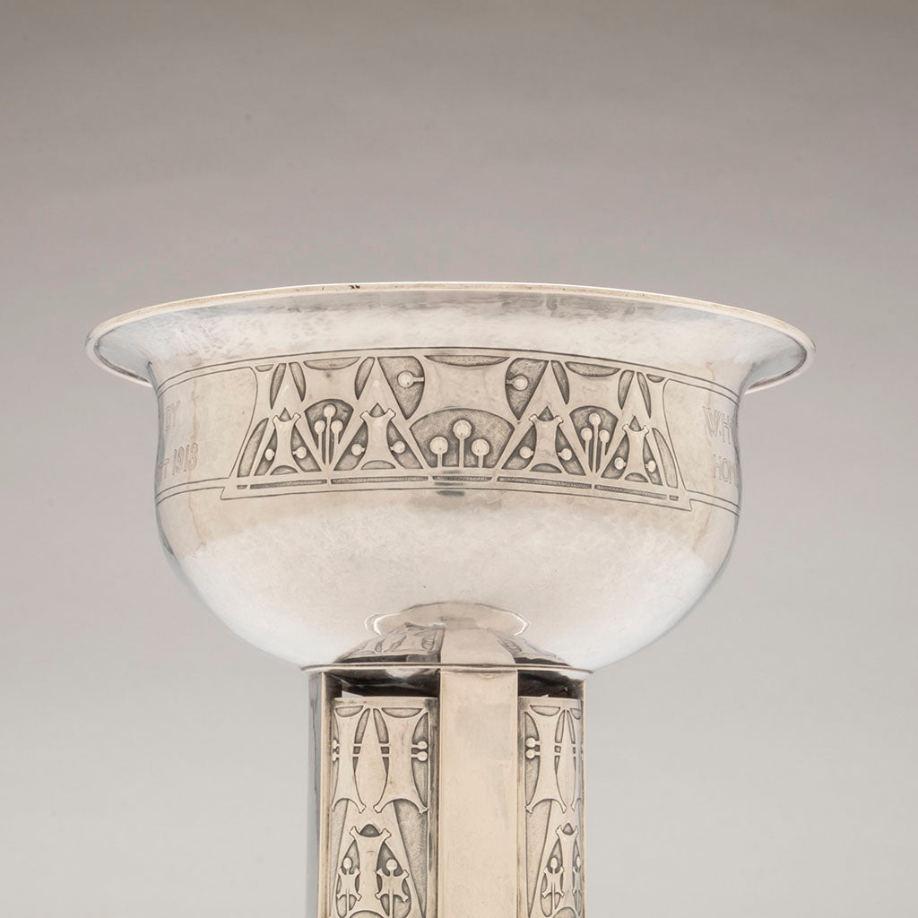 Modern design on Robert R. Jarvie Important Sterling Silver Golf Trophy, Chicago, IL, 1913