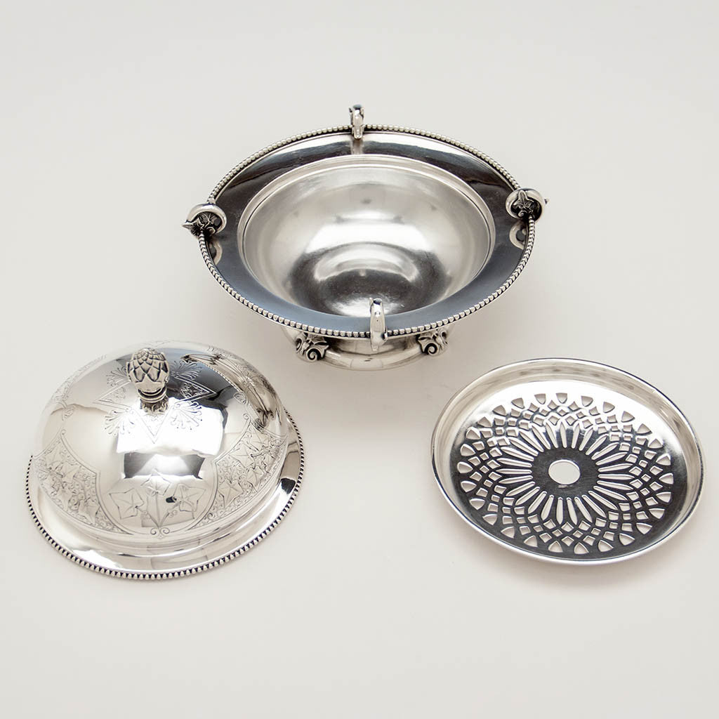 parts of Tiffany &amp; Co. Ivy Engraved Antique Sterling Silver Covered Butter Dish, New York City, 1865-70