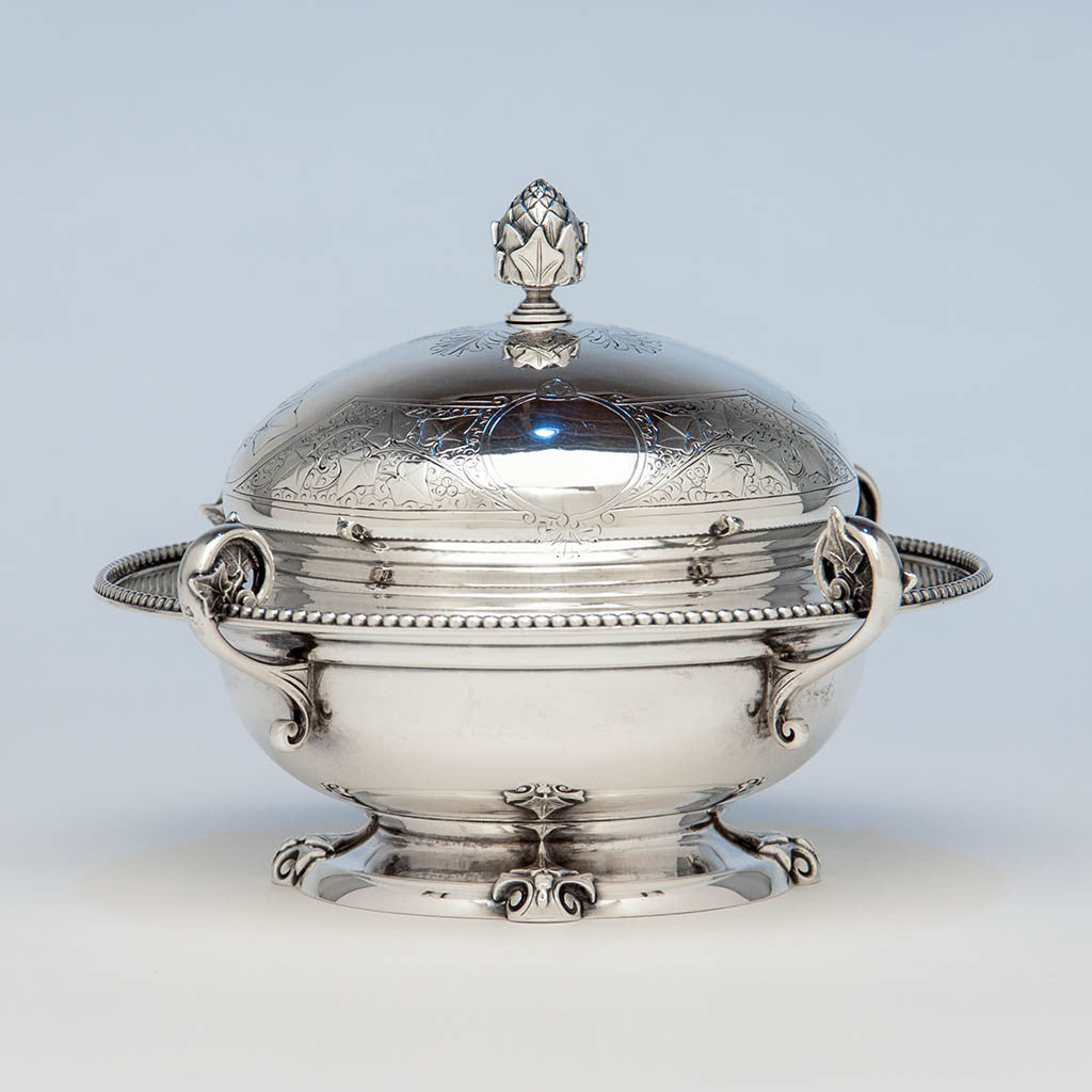 Tiffany & Co. Ivy Engraved Antique Sterling Silver Covered Butter Dish, New York City, 1865-70