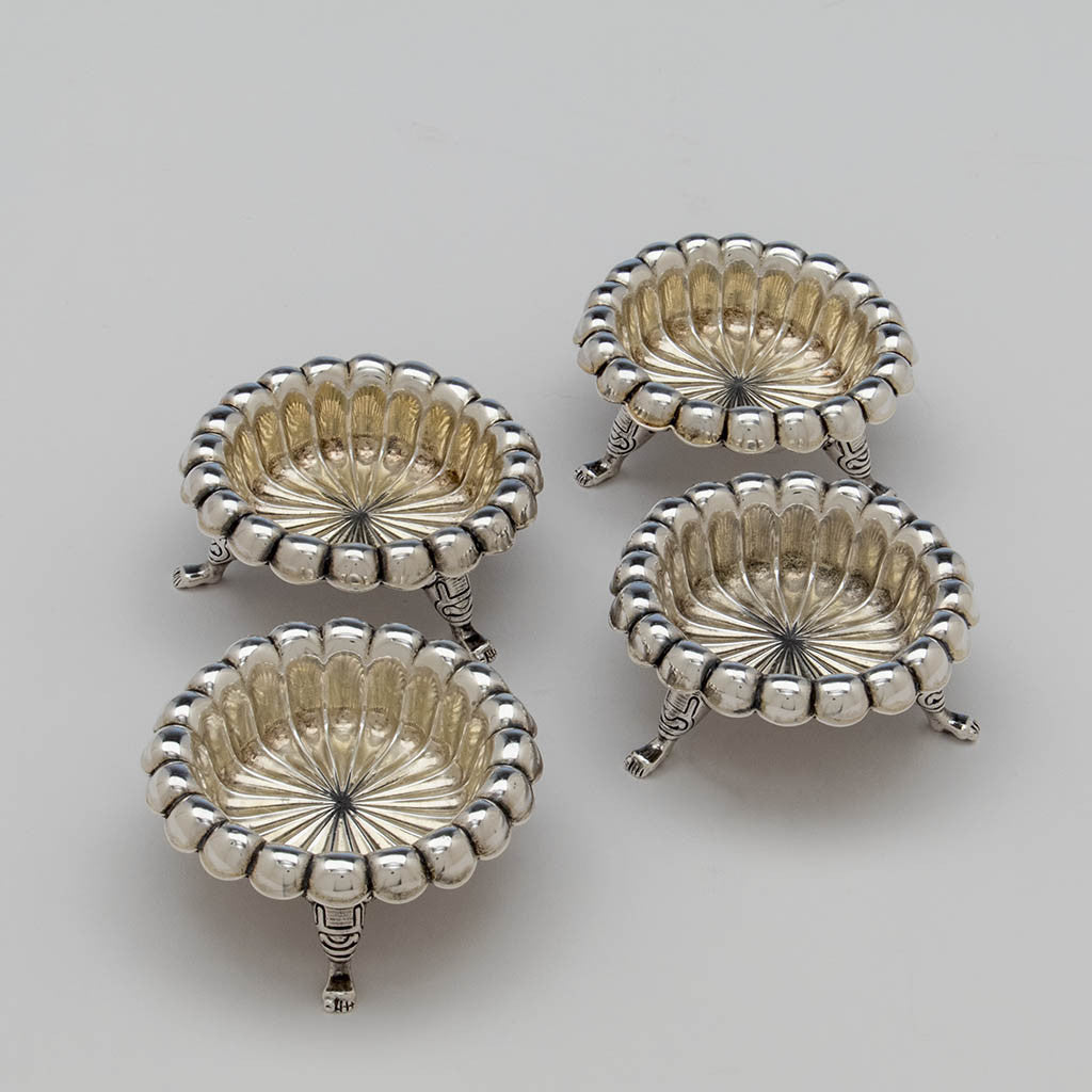 Interiors of Tiffany &amp; Co Set of 4 Antique Sterling Silver Master Salts, NYC, c. 1882