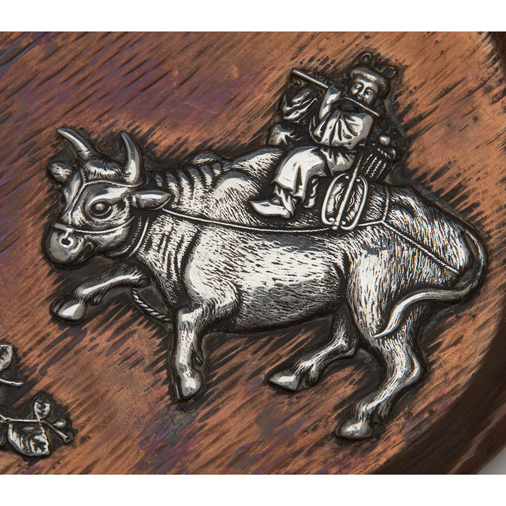 Figural scene on Gorham Antique Silver and Copper Japonesque Tray, Providence, RI, 1882