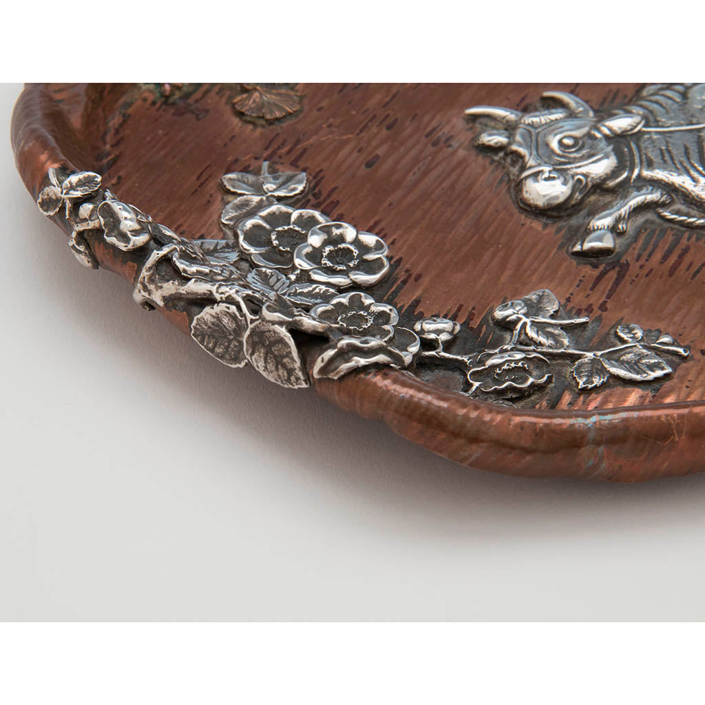 Plum blossoms on Gorham Antique Silver and Copper Japonesque Tray, Providence, RI, 1882