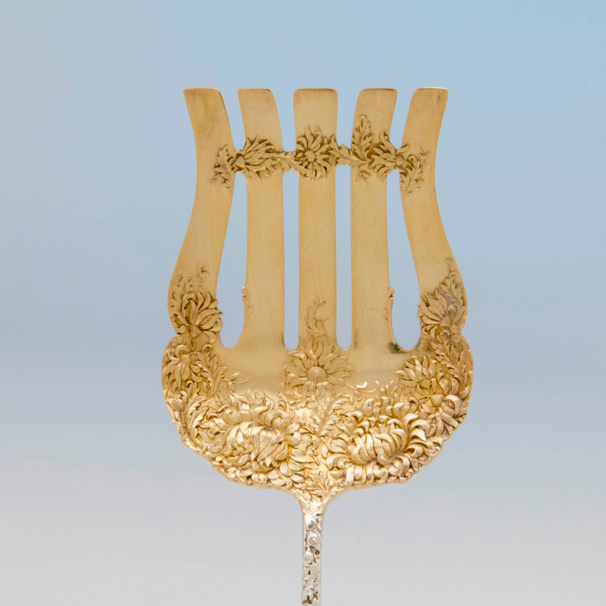 Blade to Durgin &#39;Chrysanthemum Antique Sterling Silver Asparagus Server, Concord, NH, c. 1890&#39;s