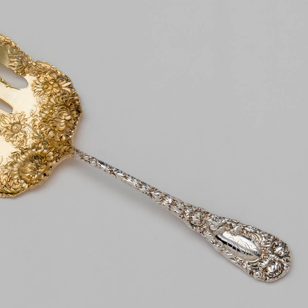 Handle to Durgin &#39;Chrysanthemum Antique Sterling Silver Asparagus Server, Concord, NH, c. 1890&#39;s