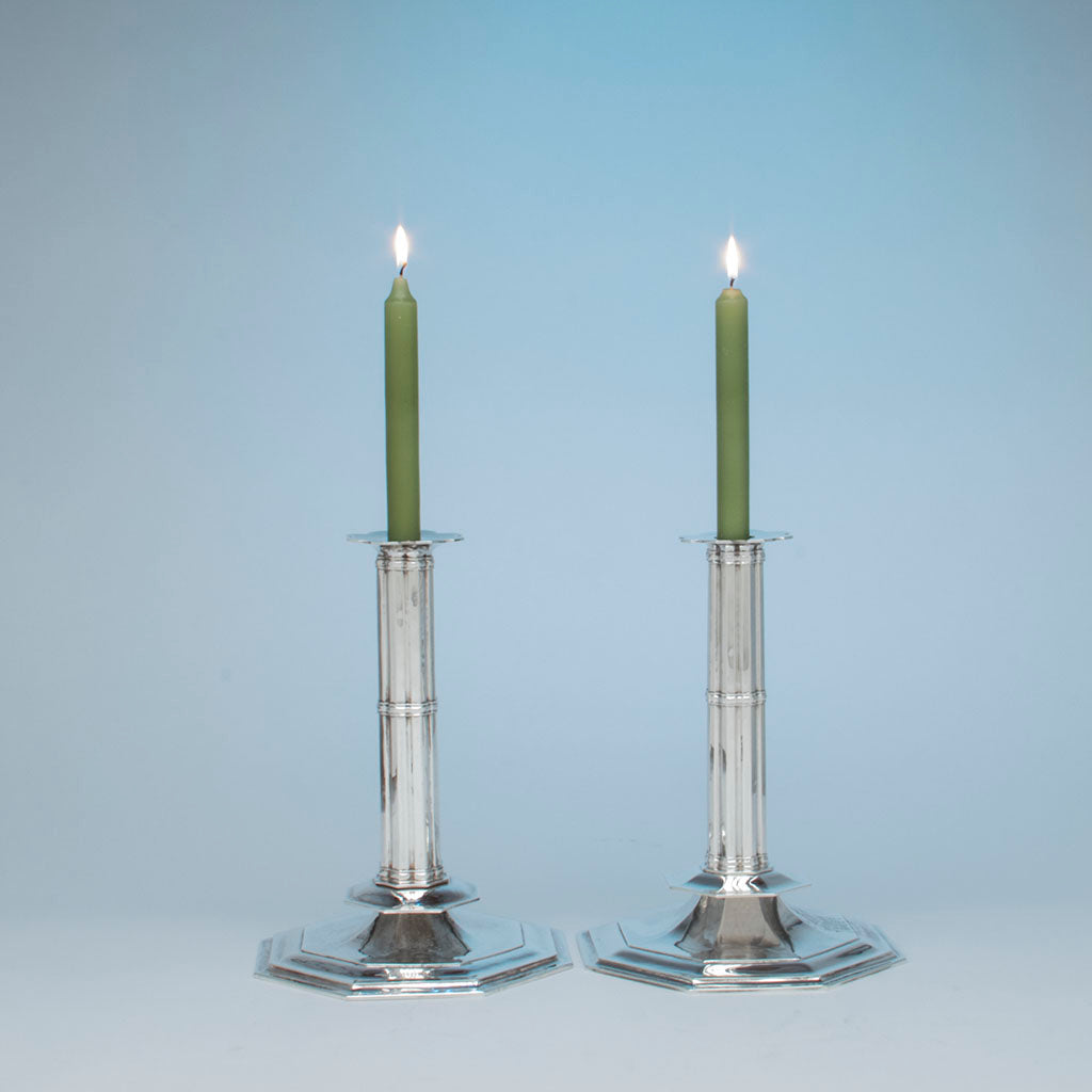 Pair of John Hunt Massive Arts and Crafts Sterling Candlesticks, Boston, 1906, 1936