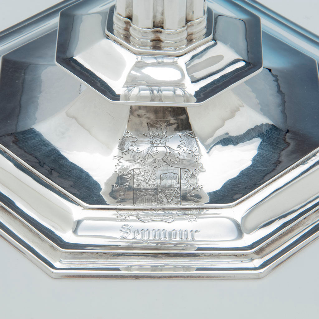 Armorial on Pair of John Hunt Massive Arts and Crafts Sterling Candlesticks, Boston, 1906, 1936