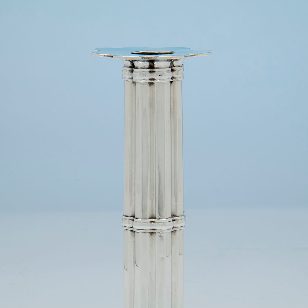 Column to Pair of John Hunt Massive Arts and Crafts Sterling Candlesticks, Boston, 1906, 1936