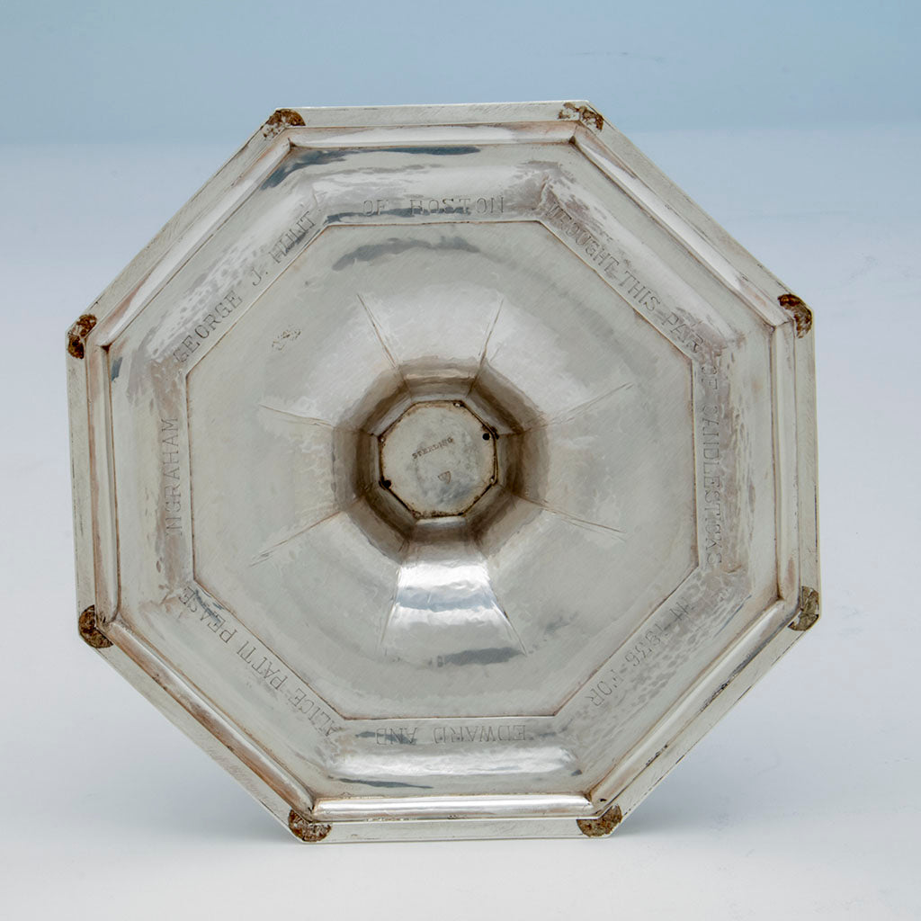 1936 inscription on Pair of John Hunt Massive Arts and Crafts Sterling Candlesticks, Boston, 1906, 1936