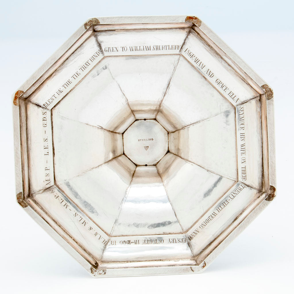 1906 inscription on Pair of John Hunt Massive Arts and Crafts Sterling Candlesticks, Boston, 1906, 1936