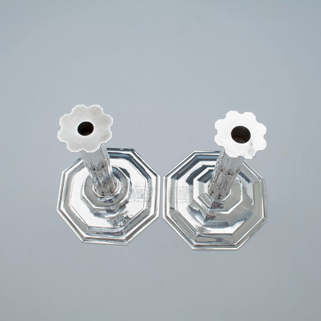 Top of Pair of John Hunt Massive Arts and Crafts Sterling Candlesticks, Boston, 1906, 1936