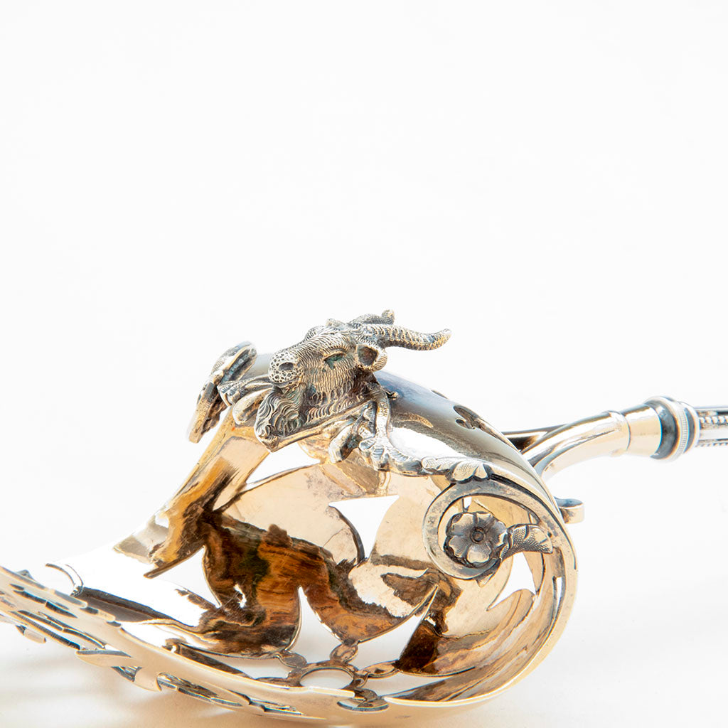 Stag detail of George Sharp &#39;Gothic&#39; Antique Sterling Hooded Asparagus Server, Philadelphia, PA, c. lte 1860s